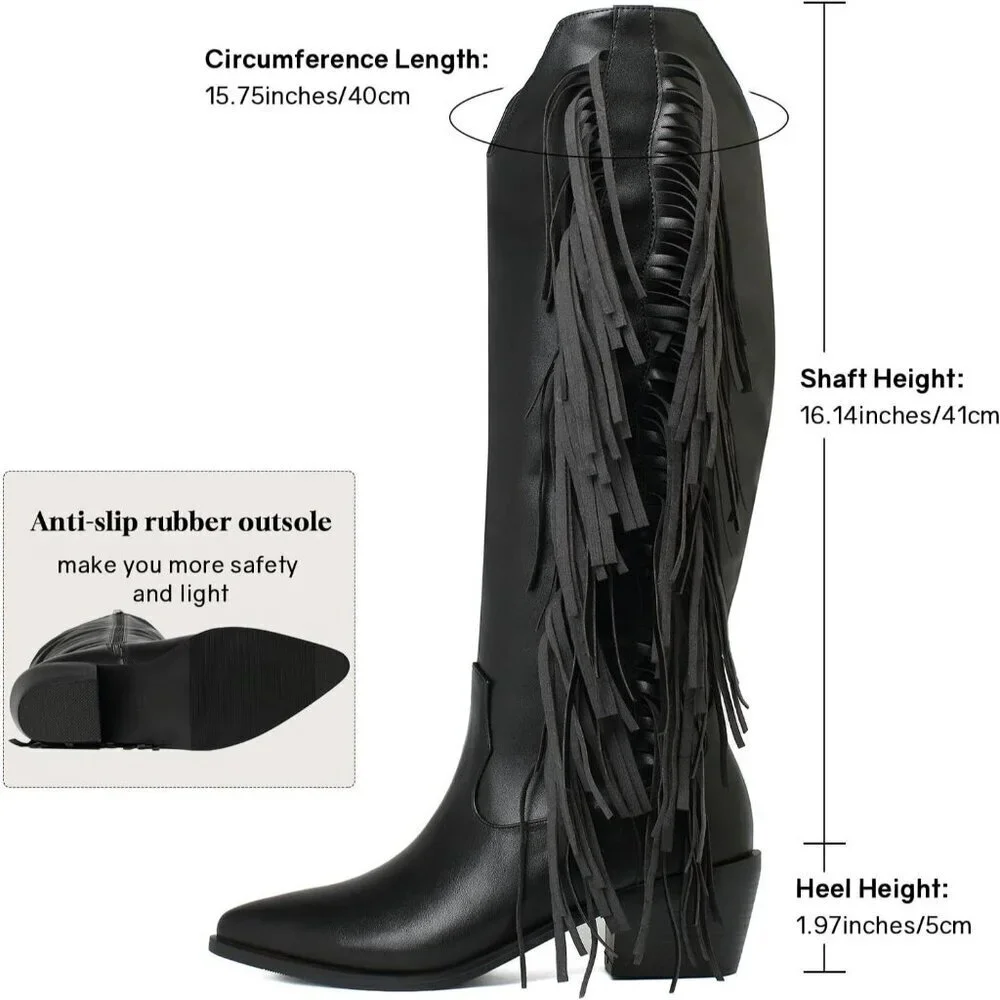 Women Black Synthetic Fringe Tassels Pointed Toe Knee High Western Cowgirl Boots